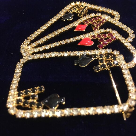 Four Aces Poker Hand Lucky Bling Rhinestone Brooch - Picture 4 of 4